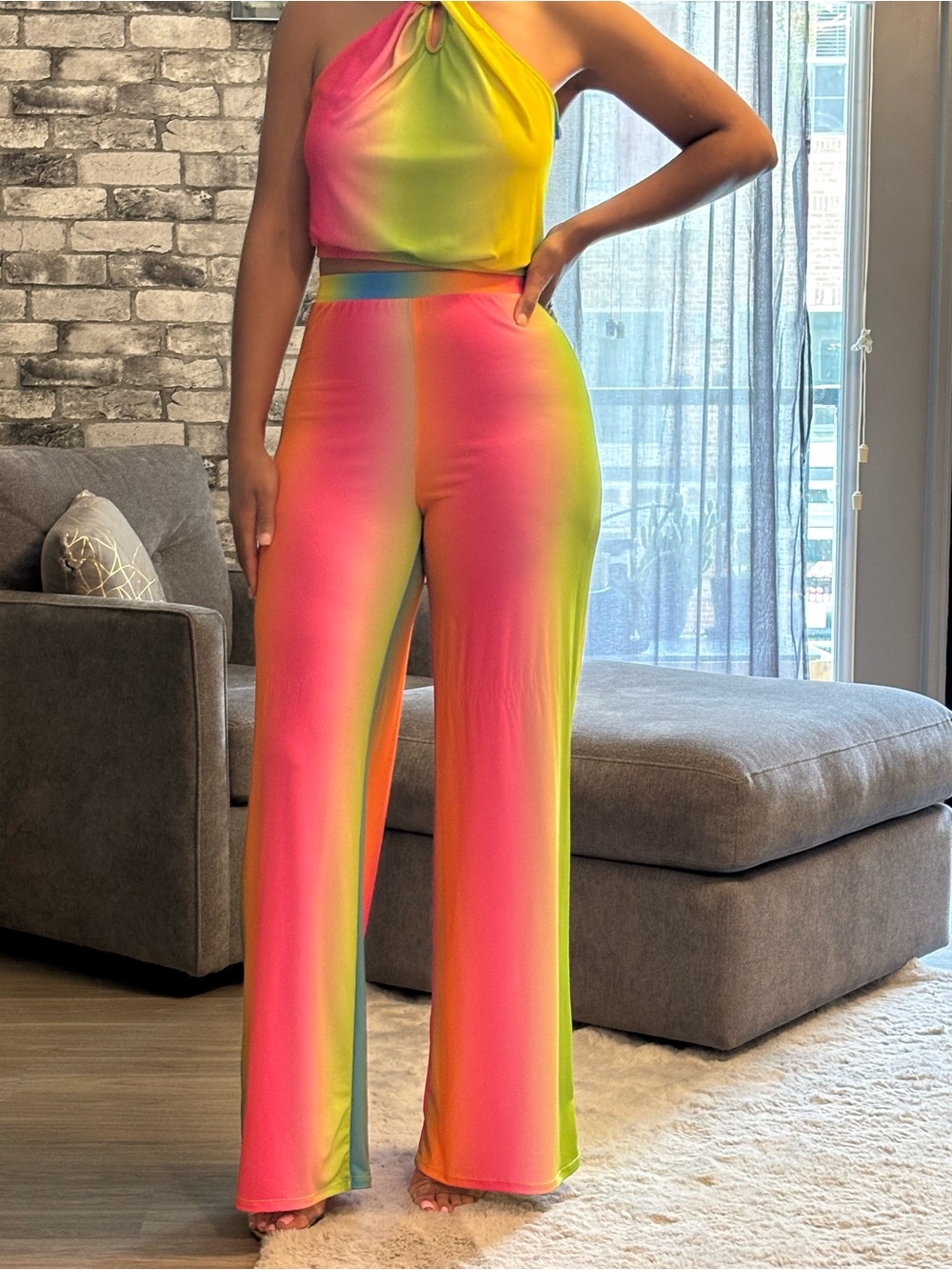 Neon Gradient Wide-Leg Jumpsuit - Pink & Yellow